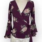 Timing Burgundy floral wrap top, ladies small bell flare sleeve V-neck bohemian blouse Photo 0