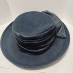 Eric Javits Womens Hat Navy Wool Satin black bow Fedora Church Dress wide brim Blue Photo 3