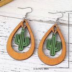 Western ethnic style cactus hollow water drop dangle wooden‎ earrings Tan Photo 5