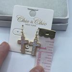 NWT Chic & Chic shimmering druzy quartz cross in opal pink earrings. Gold Photo 3