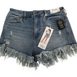 New Celebrity Pink Festival Denim Shorts Fringed Hem Distressed 9/29 High Rise Blue Photo 0