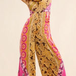 Free People  Miranda Printed Jumpsuit In Jewel Combo Large Bohemian Pink and Gold Photo 0