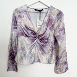 ZARA NWT Satin Marble Printed Flare Sleeve V-Neck Twist Blouse Top New Small Photo 0