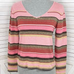 Emma James Petite Striped Multicolor V Neck Sweater Pink Brown Large Photo 0