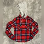 Love Tree  Happens Red Plaid Hooded Button Down Shirt Jacket Size Large Photo 1