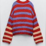 ZARA  Chunky Knit Crew Neck Oversized Striped‎ Sweater Balloon Sleeves Size Small Photo 7