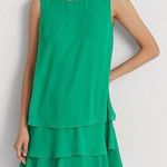 Ralph Lauren Lauren Round Neck Georgette Ruffled Shift Dress, Green Size 8 NWT Photo 0