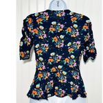 ZARA Women's Ruched Short Sleeve Floral V Neck Top Blouse Navy Blue Size XS Photo 7