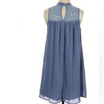 Lace yoke mock neck steel blue chiffon dress size XS Photo 2