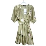 ZARA  Floral Ruffle Silky Satin Mini Dress Medium Green Lily Wedding Guest Garden Photo 2