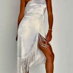 Lulus  On the Dance floor White Jacquard Fringe One-Shoulder Midi Dress XS Photo 15