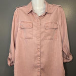 Lucky Brand  Shirt Womens Medium Pink Lyocell Button Front Utility Top Roll Tab Photo 0