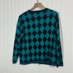 Adolfo Vintage  Green Black Cardigan L Harlequin‎ Diamond Sweater Zip Front Wool Photo 2