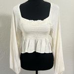 Final Touch  Cream Smocked Cropped Flowy Peplum Keyhole Tie Back Top Photo 0