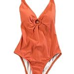 Kona Sol  Ribbed Ring Front One Piece Swimsuit Cinnamon Orange Small NWT Photo 2