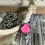 Pink Glittery Glass Heart Necklace on 20” Faux Navajo Silver Pearls Photo 3