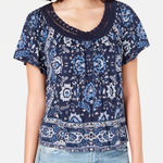 Lucky Brand  cotton blend‎ boho print crochet neck top size XS BIN F Photo 0