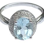 Natural Blue Aquamarine Solid 10K White Gold Diamond Engagement Halo Rin… Photo 13