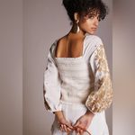 Anthropologie  Women’s Smocked Embroidered Puff Sleeve Square Neck White/Gold L Photo 1