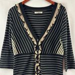 CAbi Black & Beige Striped Cardigan Sweater Medium 3/4 Sleeve Ruffle Trim V-Neck Photo 0