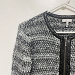 Joie  Black White Leather Trim Long Sleeved Knit Zip Up Sweater Photo 2