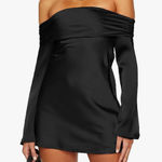 Women’s elegant satin off the shoulder long sleeve mini dress Black Size XS Photo 0