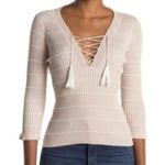 Heartloom Sweater Women XS Buff Beige Lace Up Ribbed Knit Tassel Tie Boho Casual Photo 5
