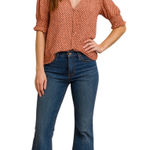 DR2 Peach Orange Geometric Print Ruffle Neck Button Front Blouse Top Size M Brown Size M Photo 0