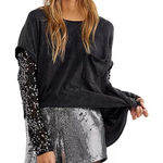 Free People Celine Gray Long Sleeve Sequin Oversized Sheer Grunge Concert Small Photo 0