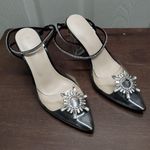 ZBY Women's Size 6.5 Clear Rhinestone Strappy Ankle Pointed Toe Block Heels Black Photo 0