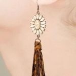 Boho White Turquoise Flower with Leopard Print Tassel Dangle Earrings A0121 Brown Photo 2