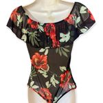 Pretty Little Floral Red Roses Black Sheer Bodysuit Ruffle cold shoulder women M Size M Photo 2