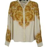 Rye Grass Boho Linen Blend Top Western Paisley Print Beige Mustard Yellow Size S Photo 0