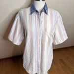 VTG Lemon Grass Top Womens Medium Pastel Striped Denim Collar Short Sleeve Photo 6