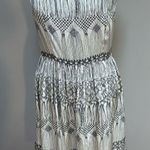 Alexandra Grecco Silk Macrame Print Dress Womens Size 2 Boat Neck Cream Black White Photo 0