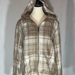 Eddie Bauer • Linen Hooded Jacket Womens Sz L Tan Plaid Full Zip Lightweight EUC Photo 0