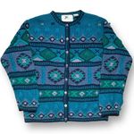 Vintage 90s Cardigan Sweater Round Neck Bright Blue Hand Knit Abstract Pattern Photo 10