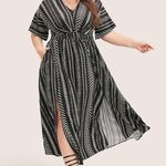 Bloomchic Solid Geometric Dolman Sleeve Pocket Shirred Split Hem Dress Photo 3