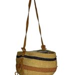 Vintage Handmade‎ Sisal Woven Leather Strap Market Tote Round Bag Tan Black Tan Photo 0