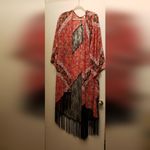 Xhilaration Boho Kimono, long red, black pasley and lace print. Photo 1