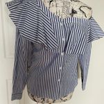 Lumière Lumiere Striped Print Asymmetric One Off Shoulder Ruffle Trim Button Down Shirt Long sleeve Dress Casual Work Brunch strip pattern Photo 1