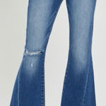 Risen High Rise Front Slit Frayed Hem Flare Jeans Size 1XL Bohemian Hippie Retro Blue Photo 0