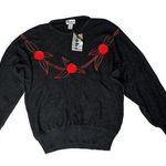 NEW Vtg Womens Crystal Kobe Black Red Roses Silk Angora Batwing Sweater 80s 90s Size L Photo 0
