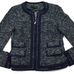 Talbots  Tweed Knit Blazer Braided Trim Full Zip Navy White Photo 0