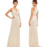 Mac Duggal Sequined Sleeveless V Neck Column Gown in Nude Gold Size US 2 Photo 0