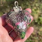 Puffy heart pendant for necklace large colorful mosaic floral silver metal Photo 1