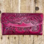 NEW Pink Leather Hand Tooled Embossed Made in Mexico Wallet Clutch Fold Open Photo 0