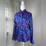 Vintage ‘80s Royal Blue Floral Print Collared Long Sleeve Button Down Blouse Photo 1