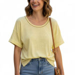 Chico's Yellow Linen Knit Top Size 0 Small Metallic Trim Short Sleeve Tunic Tee Photo 0