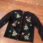 Vintage Christmas Beaded Sequin Sweater Cardigan Size Medium Ugly Christmas Black Photo 1